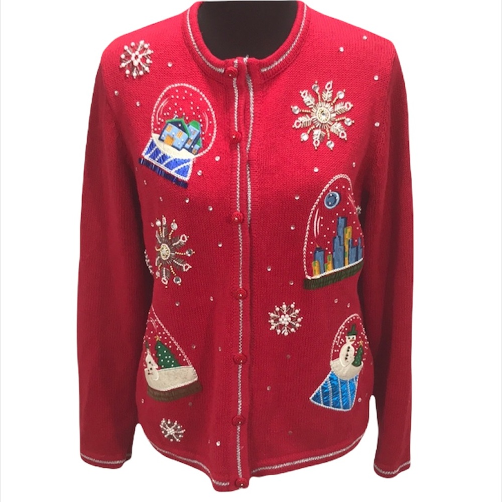 All Points Snow Globe Christmas Cardigan Sweater, Red, Medium